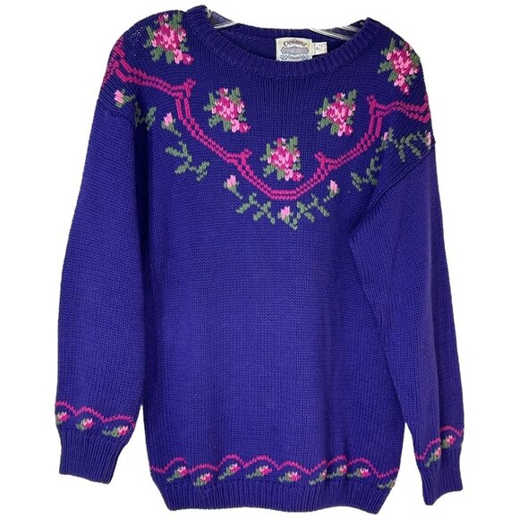 Vintage Cambridge Dry Goods‎ Purple  Floral Knit Sweater women’s size medium - Picture 1 of 5